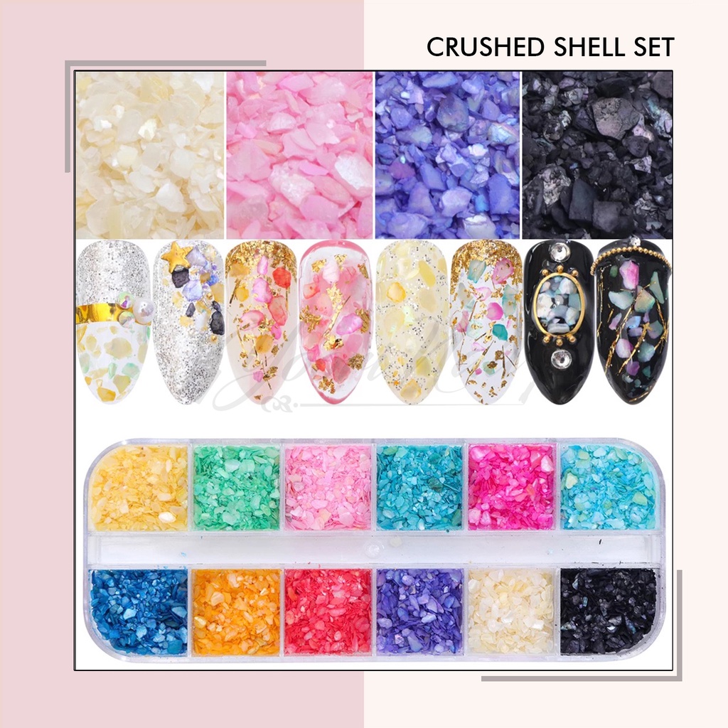 Crushed shell set 12 warna crash shell nail art pecahan batu kerang kuku nails