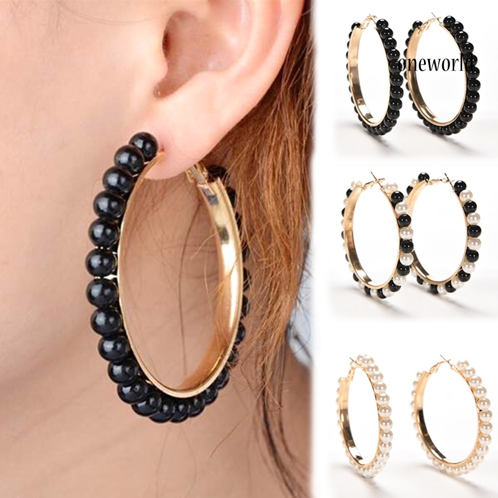 OW@ Fashion Women Faux Pearl Inlaid Large Circle Statement Hoop Earrings Jewelry