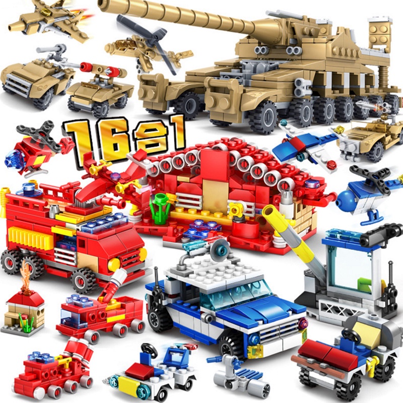 16in1 City Fire Station Building Blocks Set Truk Pemadam Kebakaran Pesawat Brinquedos Hobby Bricks Mainan Anak