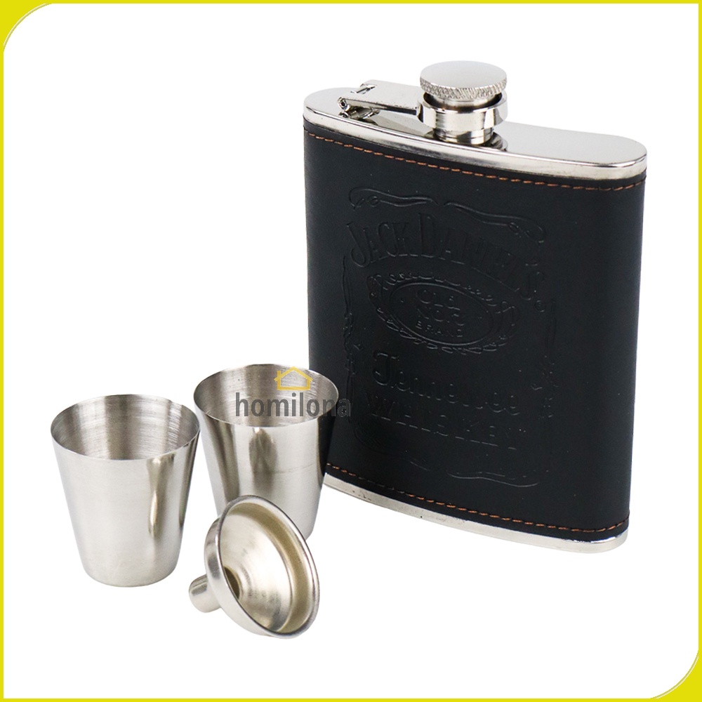 Botol Bir Hip Flask Stainless Steel Leather 7 Oz with Shot Glass - One Two Cups Black