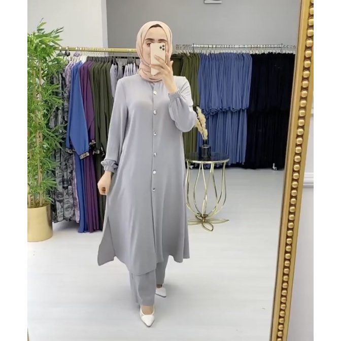 ONE SET TUNIK GOLDISH DAILY BUSUI WANITA LONG TUNIK SET MOSCREPE PREMIUM