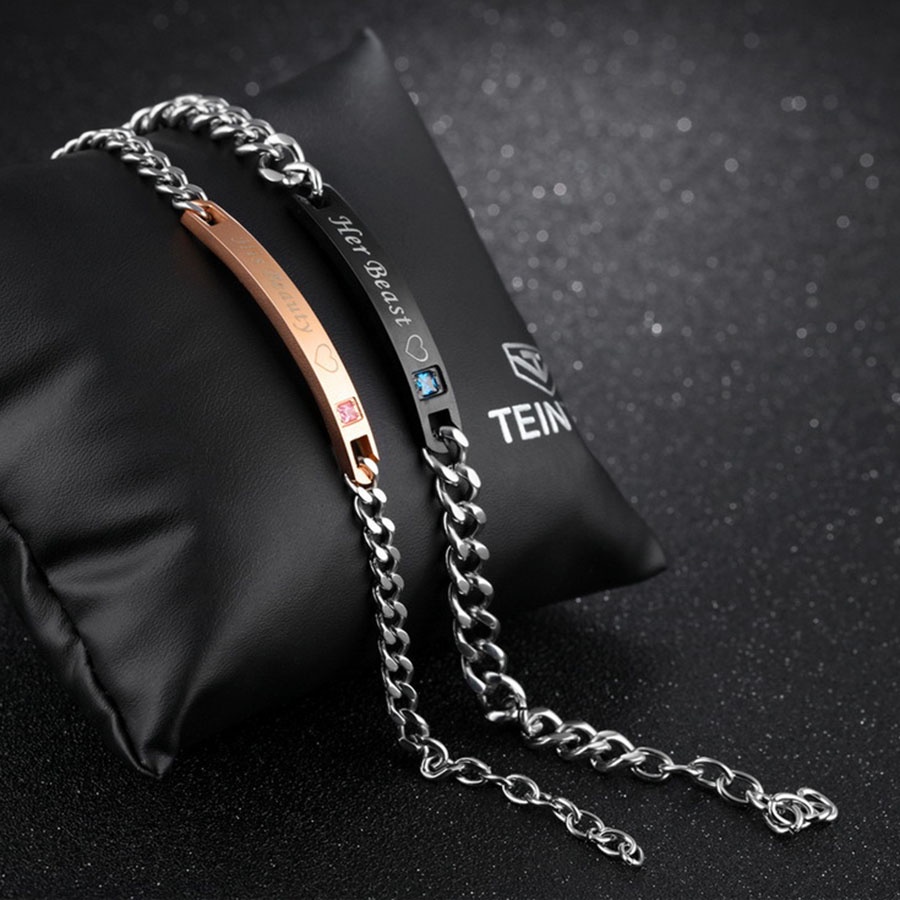 His Queen &amp; Her King Gelang Tangan Rantai Titanium Steel Warna Rose Gold / Hitam / Silver Untuk Pria / Wanita