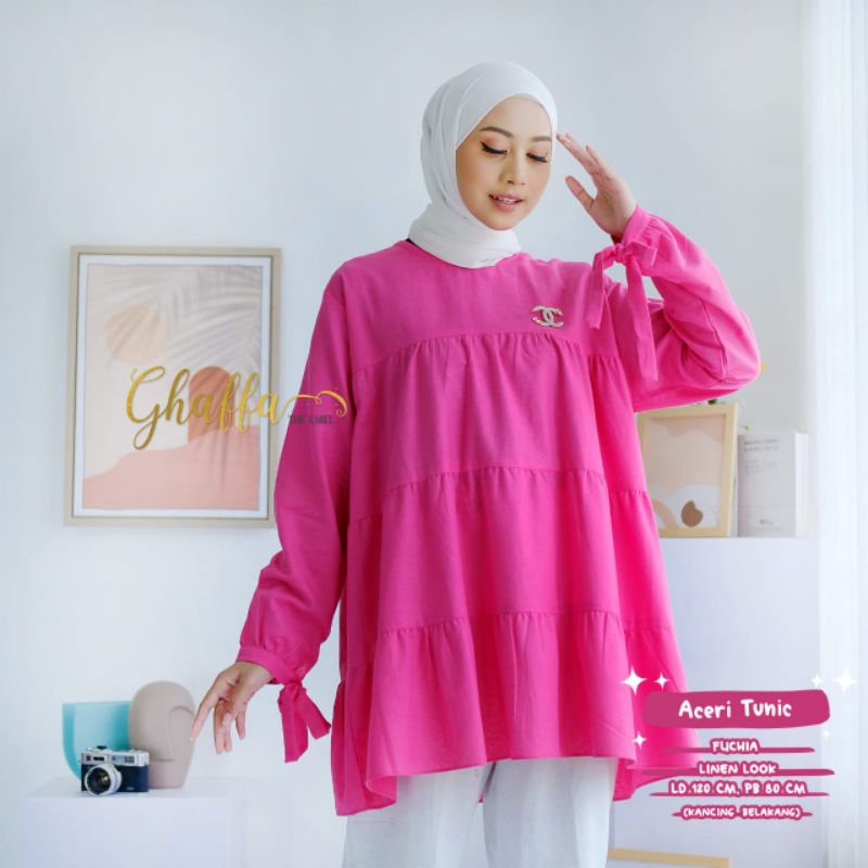Aceri tunik bahan linen kancing belakang tunik polos