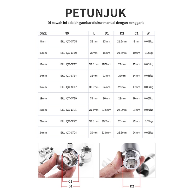 ISKU Mata Socket Kunci Sock 1/2 6pt Mata Sok Ukuran 8 - 24 mm Chrome 50BV75 /Alat Perkakas Sock Spanner