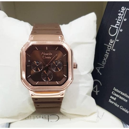 Jam Tangan Wanita Alexandre Christie Original AC2811BF Tali Karet Coklat Rosegold
