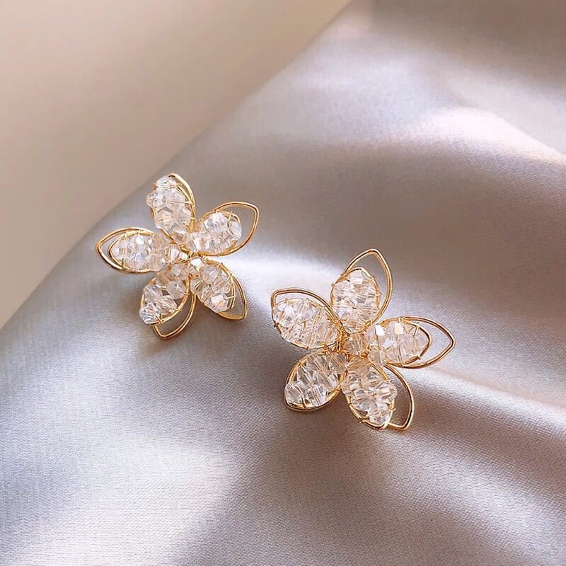 Anting Stud Kristal Ganda Bentuk Bunga Untuk Aksesoris Perhiasan Wanita
