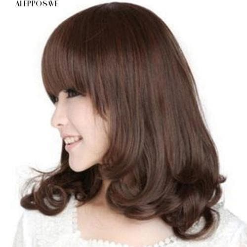 Wig brown panjang poni rambut palsu sedang cosplay tebal