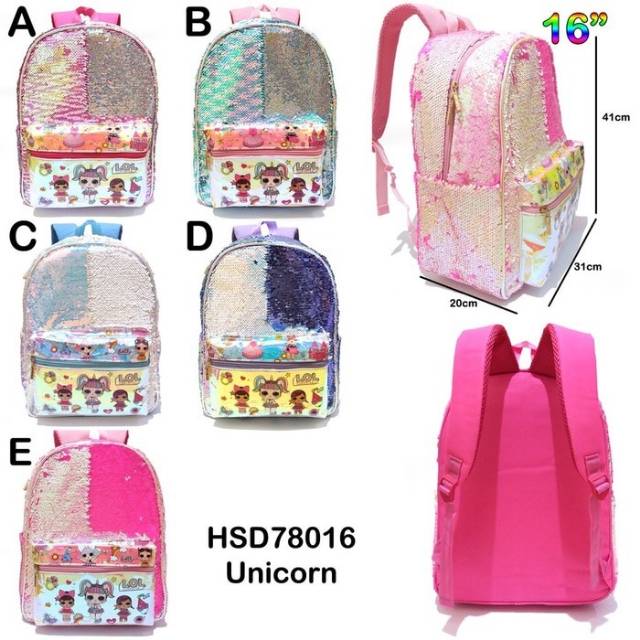 Tas Sekolah Anak SD / Tas Ransel Sequin Sisik Hologram LOL