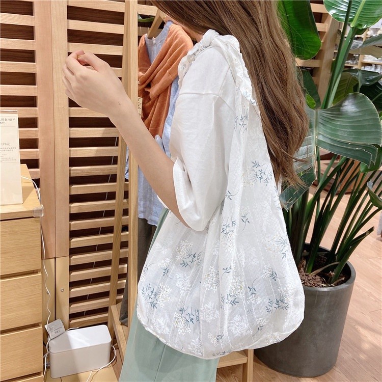 TC-129 tas wanita shoulder sling bag white flower summer import