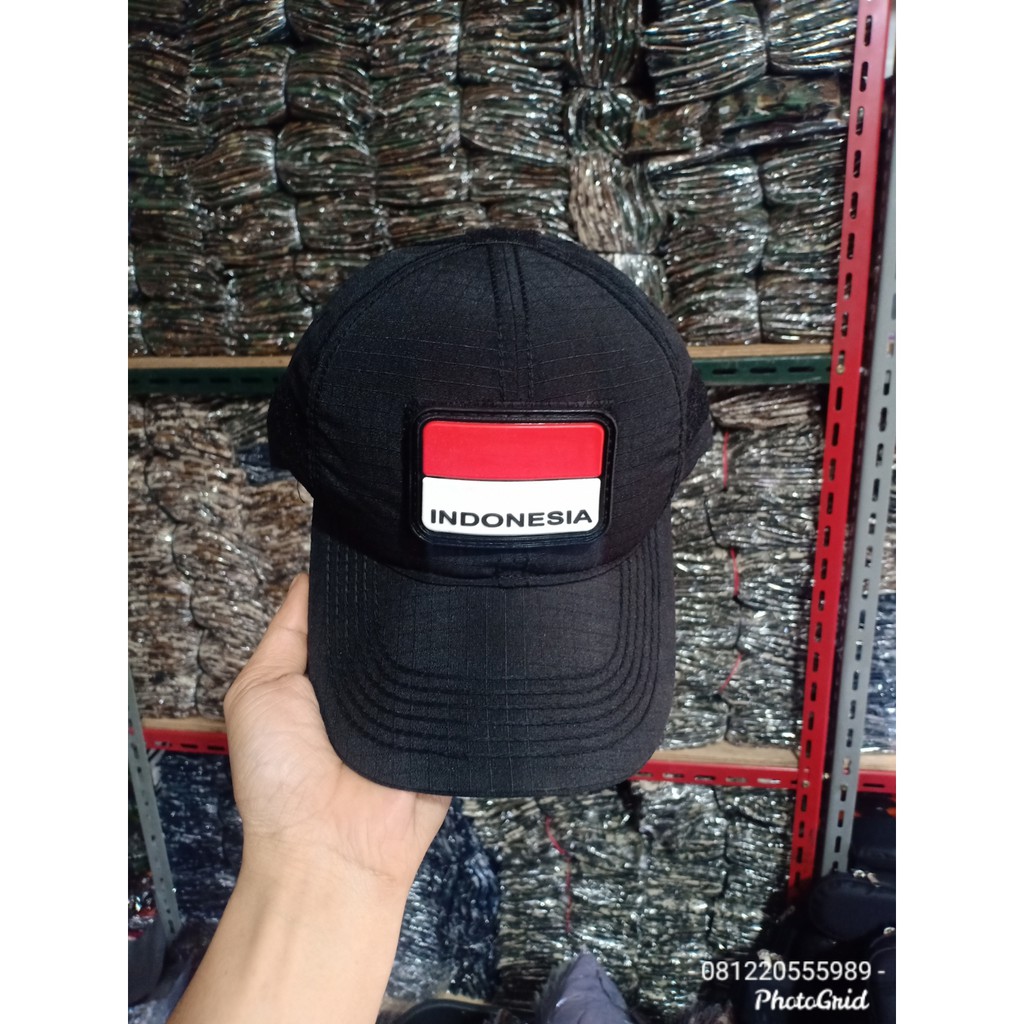 Topi velcro hitam || topi hitam tanpa patch rubber bendera indonesia