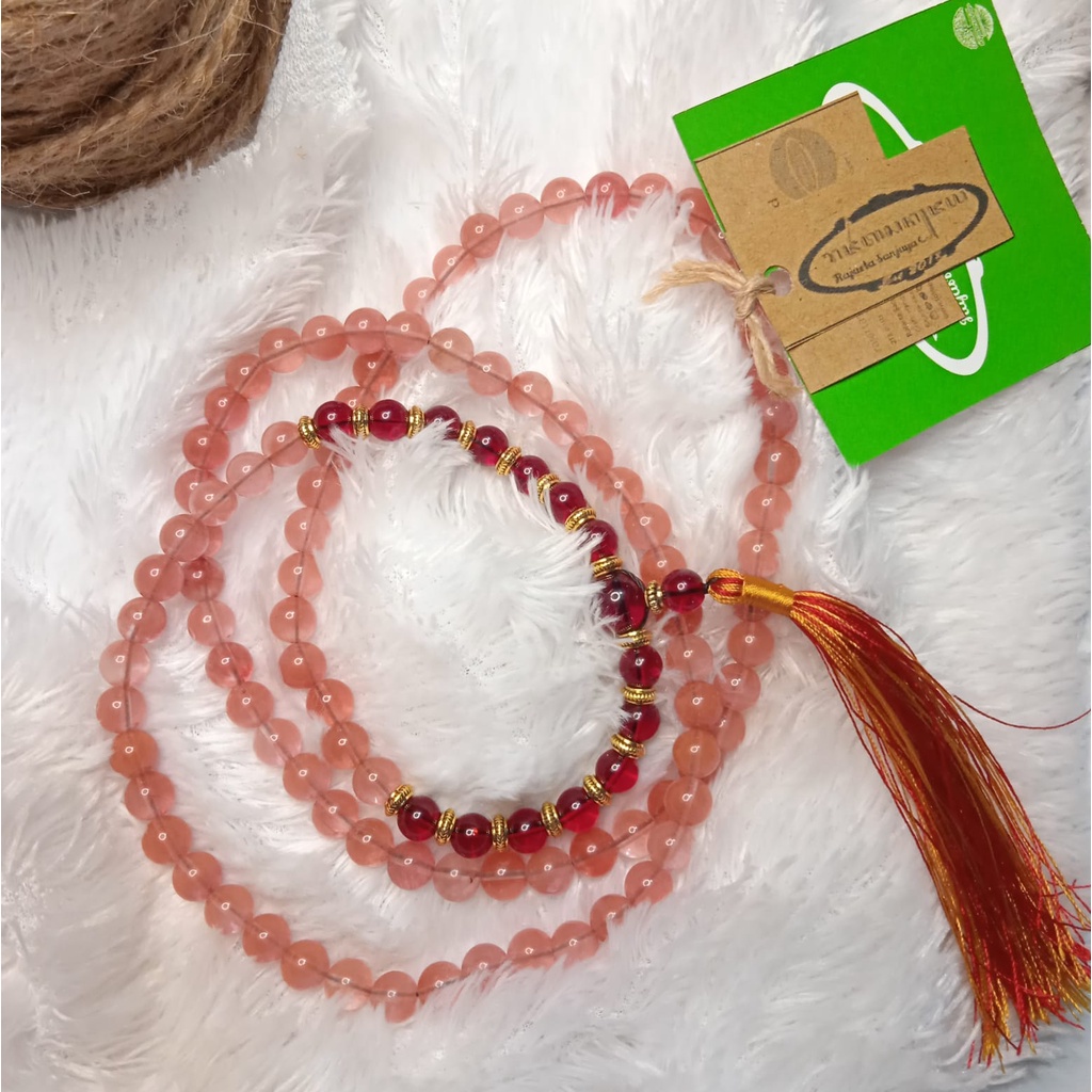 Kalung Tasbih Japamala 108 Batu Kayu Strawberry Kombinasi Wine Garnet