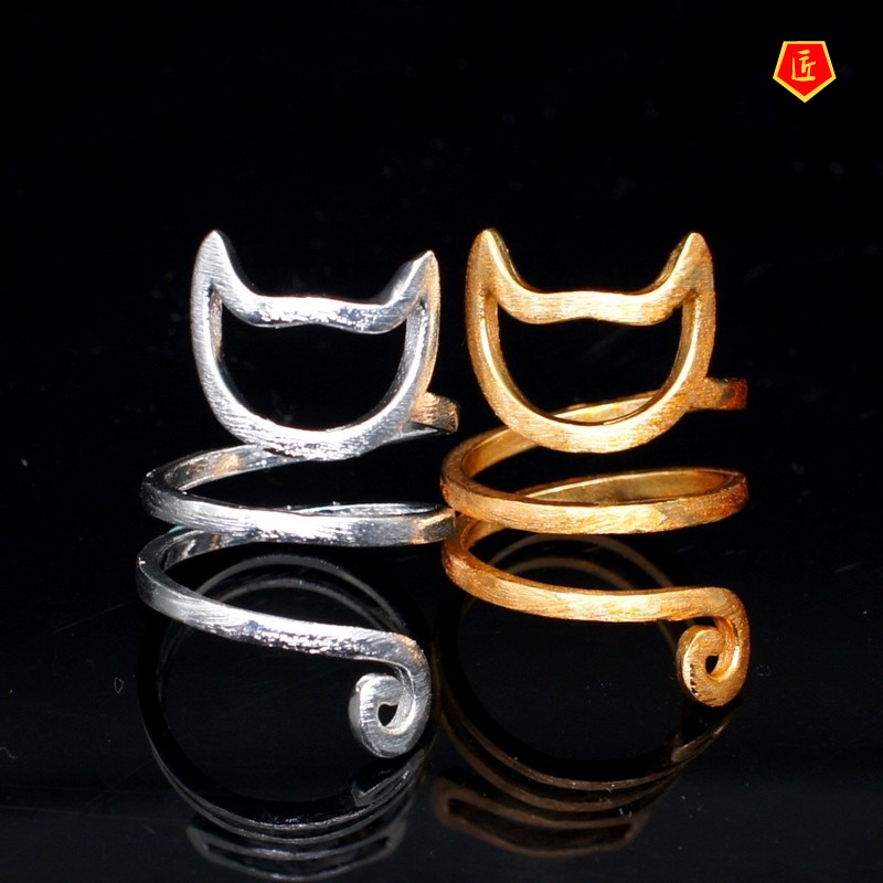 [Ready Stock]Original Design 925 Silver Personality Winding Brushed Cute Cat Ring