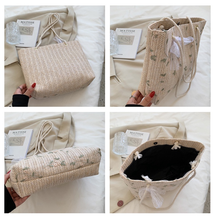 Totebag Kuliah Bahan Anyam Jerami Lace Leaf Korean Style Import