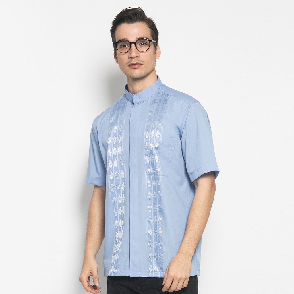 kemeja Alisan Bayar COD Alisan Koko Bordir Lengan Pendek 00033 Biru diskon murah
