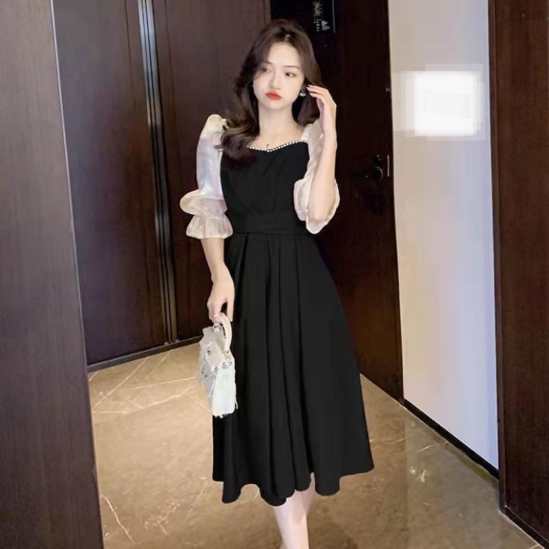 Dress Gaya Korea Leher Persegi Mutiara Ori M131