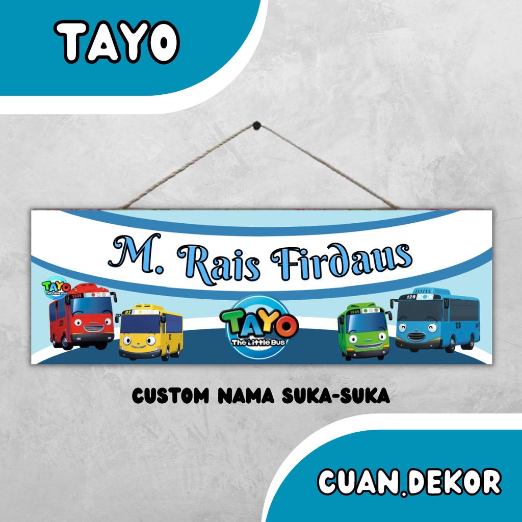 Wall Decor Gantungan Pintu Papan Nama Kayu Custom Tulisan Gambar karakter Tayo