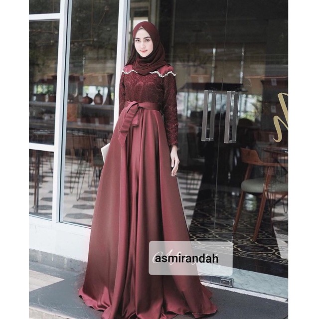 Ruairu MAXI ASMIRANDAH DRESS GAMIS SATEN GLOSSY KOMBI BRUKAT GAMIS JUMBO GAMIS PESTA 4 WARNA Murah