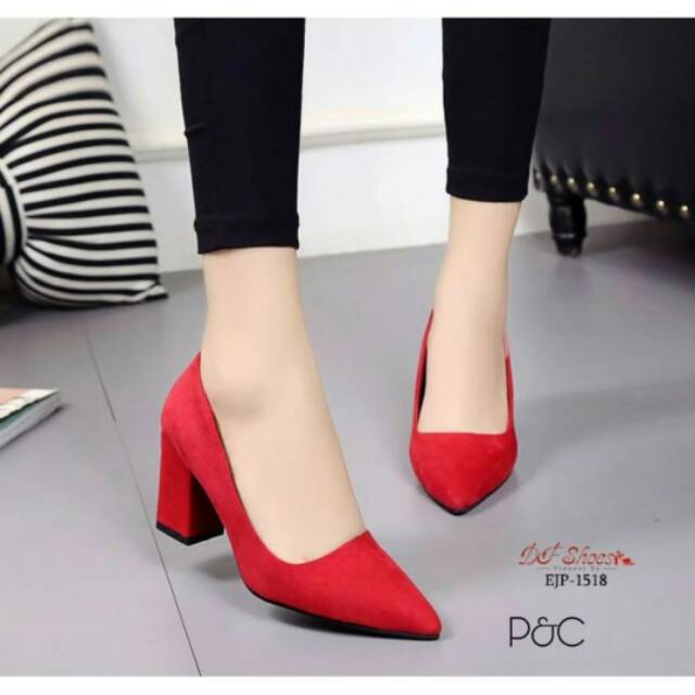 HEELS PUMP SUEDE SEPATU WANITA HAK KOTAK TAHU PANTOFEL SANTAI KERJA PESTA MODEL IMPORT KOREA