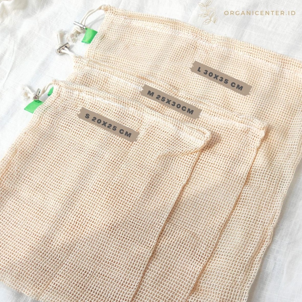 Cotton Mesh Produce Bag Tas Jaring Reuseable Kantong Belanja Sayur Buah Grocery Shopping Eco Friendly Zero Waste Pengganti Plastik Unbleach Cotton Katun