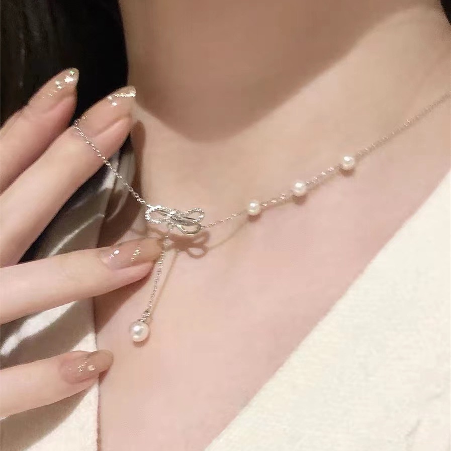 Kalung Mutiara Zircon Bentuk Pita Gaya Korea