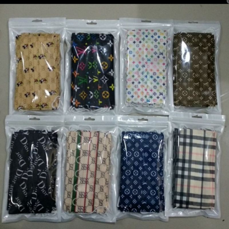 Masker branded 3 ply 5 pcs masker motif branded lv coklat gucci grey burberry