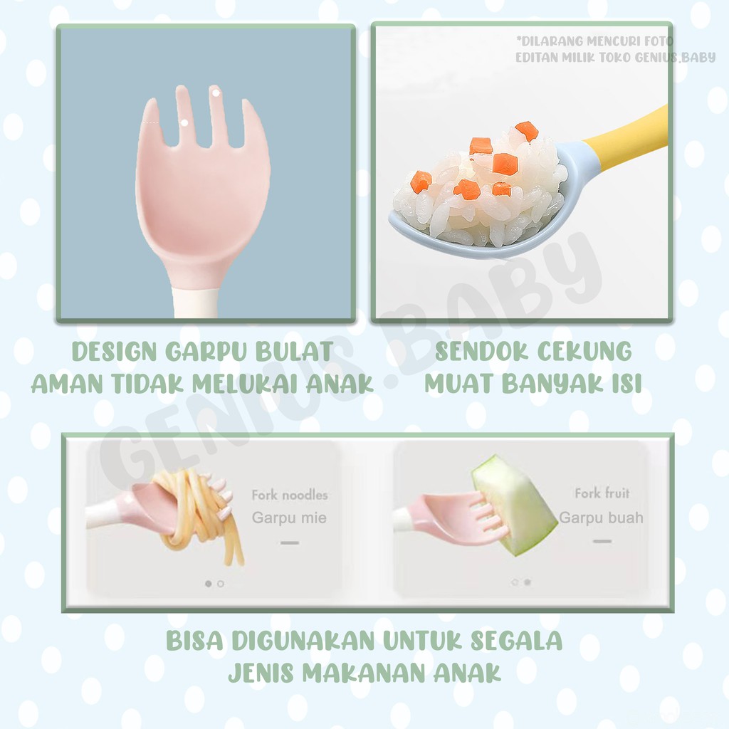 Set Sendok + Garpu Lengkung 360 Derajat Sendok Bayi Bahan Silikon Safety Bisa Ditekuk Sendok Makan