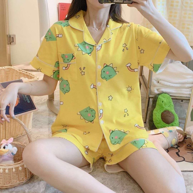 Piyama katun pdk motif dinosaurus kuning.homewear/sleepwear/pajamas katun pdk motif dino yellow