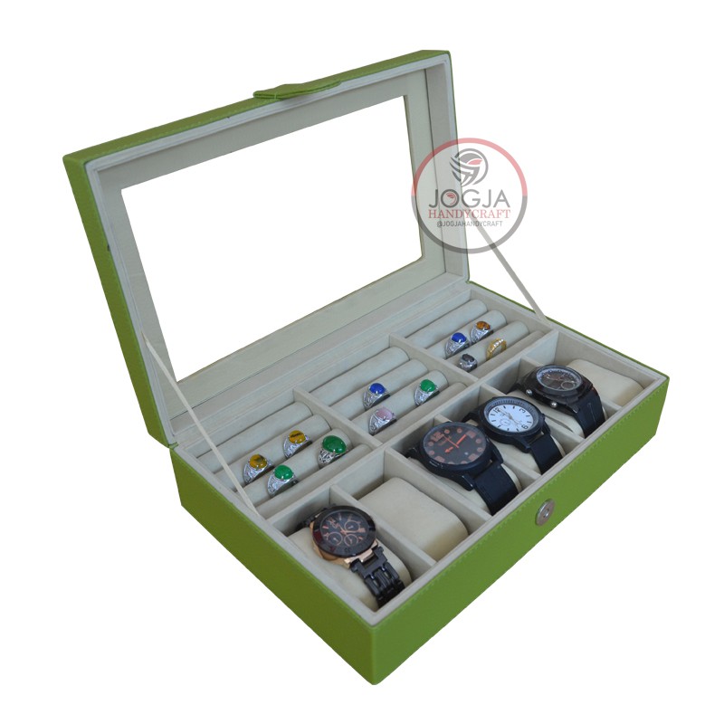 Kotak Tempat Jam Tangan Kombinasi Tempat Cincin | Watch Box Mix Ring Green Cream (Kualitas Super)