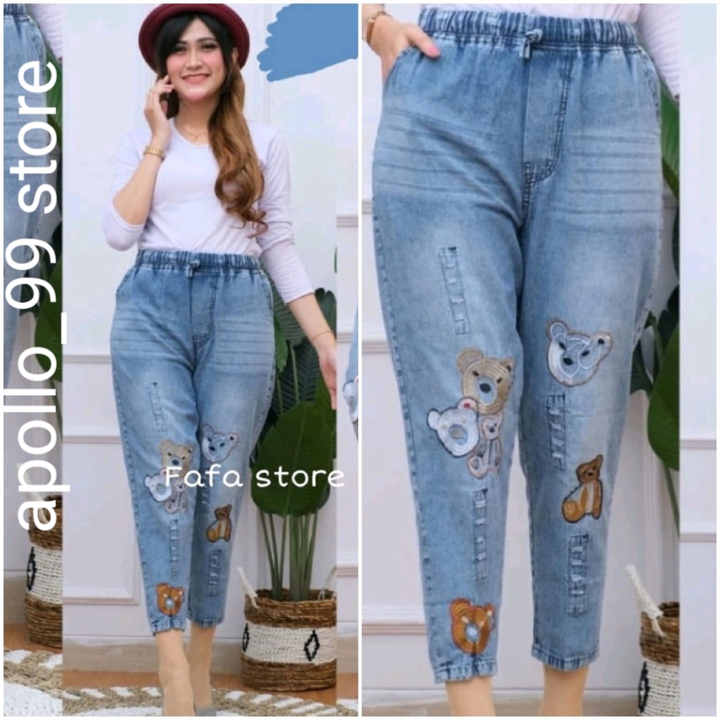 celana jeans wanita kekinian terbaru motif bordir qoala pants haruka jumbo