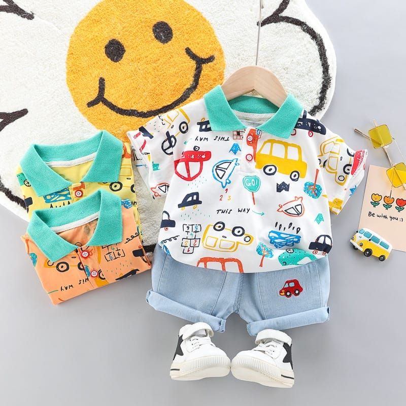 Setelan Baju anak 1-4thn set wangki kerah celana jeans CARS