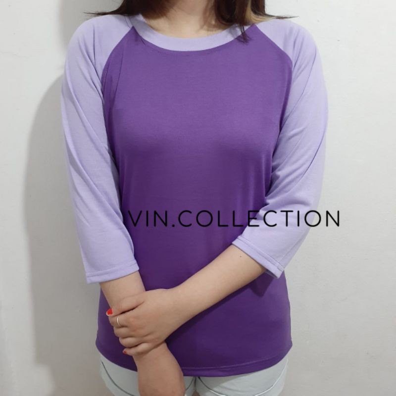 kaos polos raglan 3/4 pria wanita - ungu tua kombinasi ungu muda