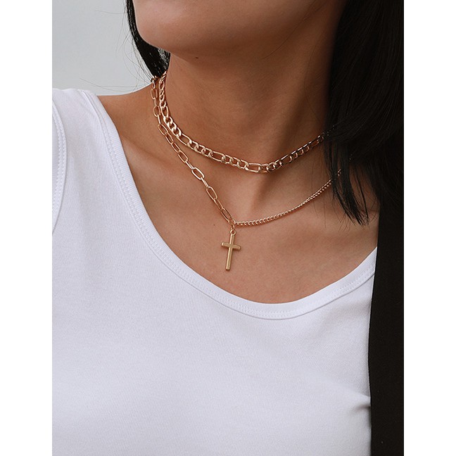 LRC Kalung Wanita Fashion Gold Color Cross Alloy Pendant Multilayer Necklace P11146