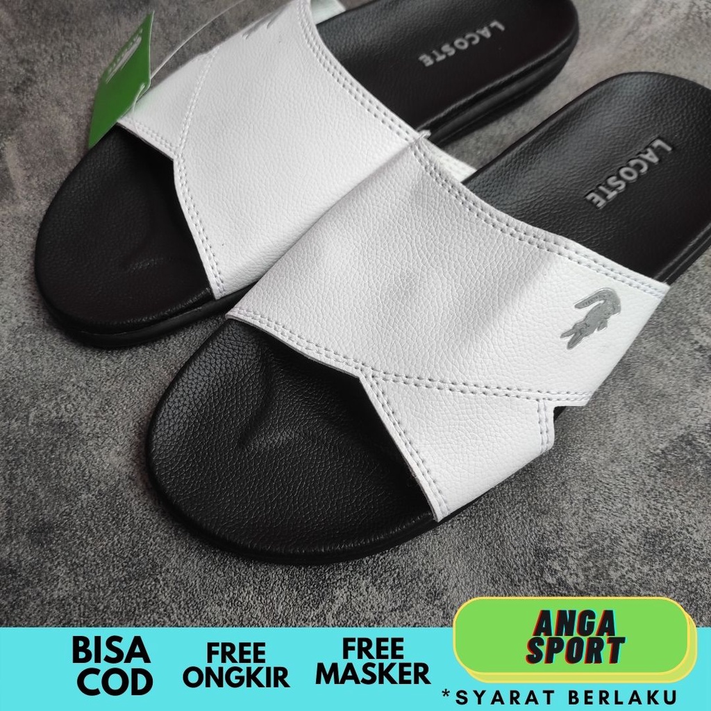 SANDAL PRIA SLIDE LACOSTE CROCO HITAM PUTIH SEMI KULIT KUALITAS PREMIUM / SANDAL SLOP COWOK DISTRO CASUAL / SENDAL SELOP REMAJA DEWASA KEKINIAN KEREN SANTAI SIZE 39-43