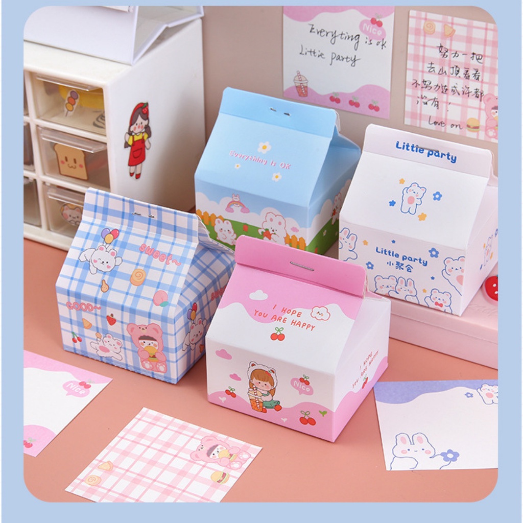 MYKOCHEN.INA Sticky Note Memo Pad Notepad Kotak Susu 200 Lembar Lucu Berkarakter Decorative Aesthetic Post It Milk Box Journal Catatan Scrapbook