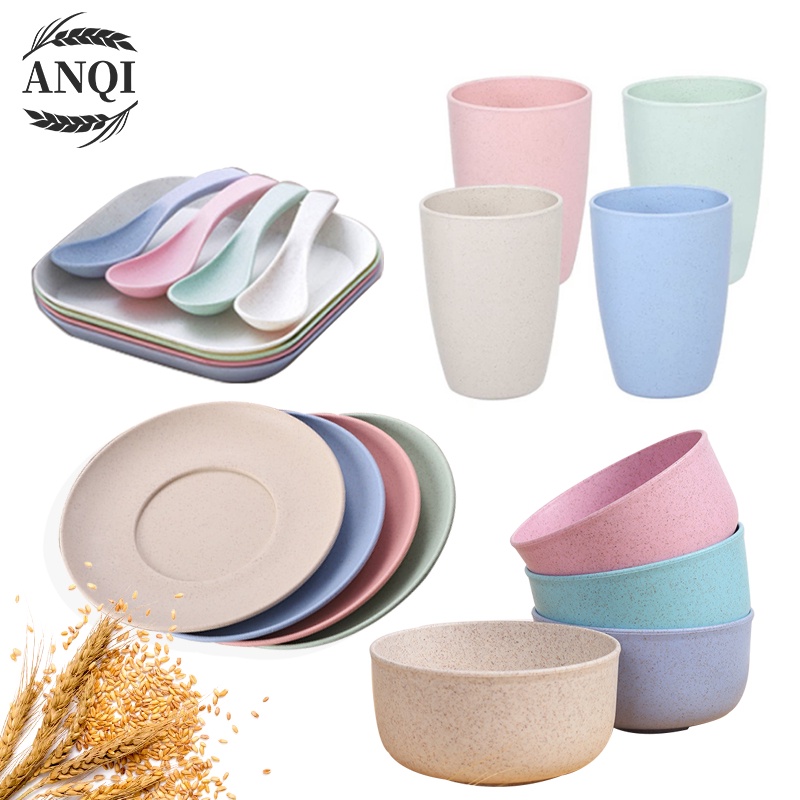 ANQI 1888 Gelas Gandum Kokoh / Mangkok Piring Peralatan Makan / Mangkok Wheat Straw Bowl dan Piring