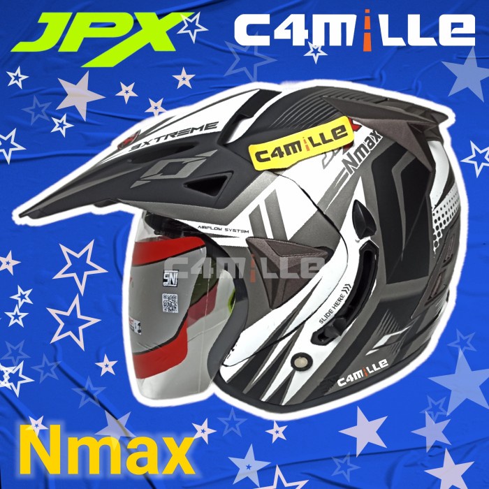 HELM JPX SUPERMOTO NMAX WHITE BLACK DOFF DOUBLE VISOR HALF FACE TRAIL