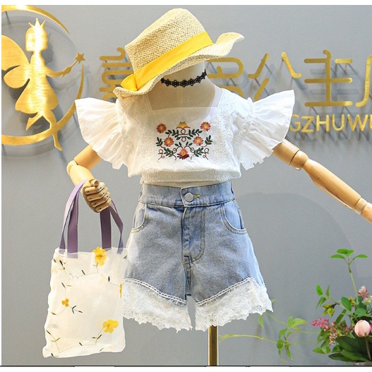 SETELAN ANAK CEWEK IMPORT / JEANS BAJU CELANA MOTIF BUNGA CROP BUNGA JEANS