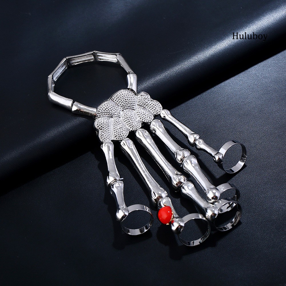 HLB◕Punk Faux Ruby Skeleton Skull Bone Hand Fingers Rings Bracelet Party Bangle