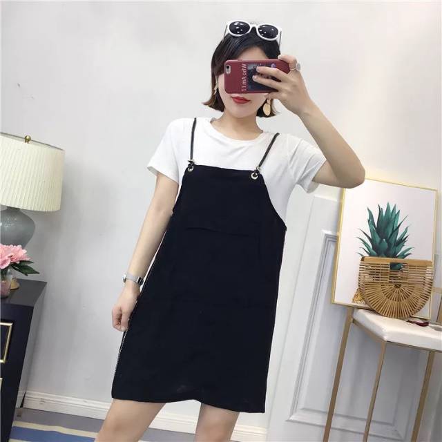 B006 dress set baju putih + dress hitam import Polkadot Maxi Dress Model Lengan Pendek Puff Dress Import Wanita Gaya Korea Polka import