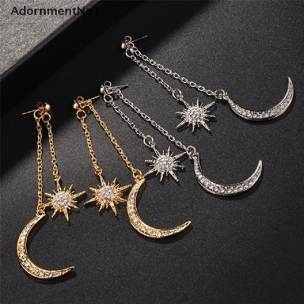 (AdornmentNo1) Anting Tusuk Gantung Panjang Desain Bintang + Bulan Hias Kristal / Berlian Imitasi Untuk Wanita