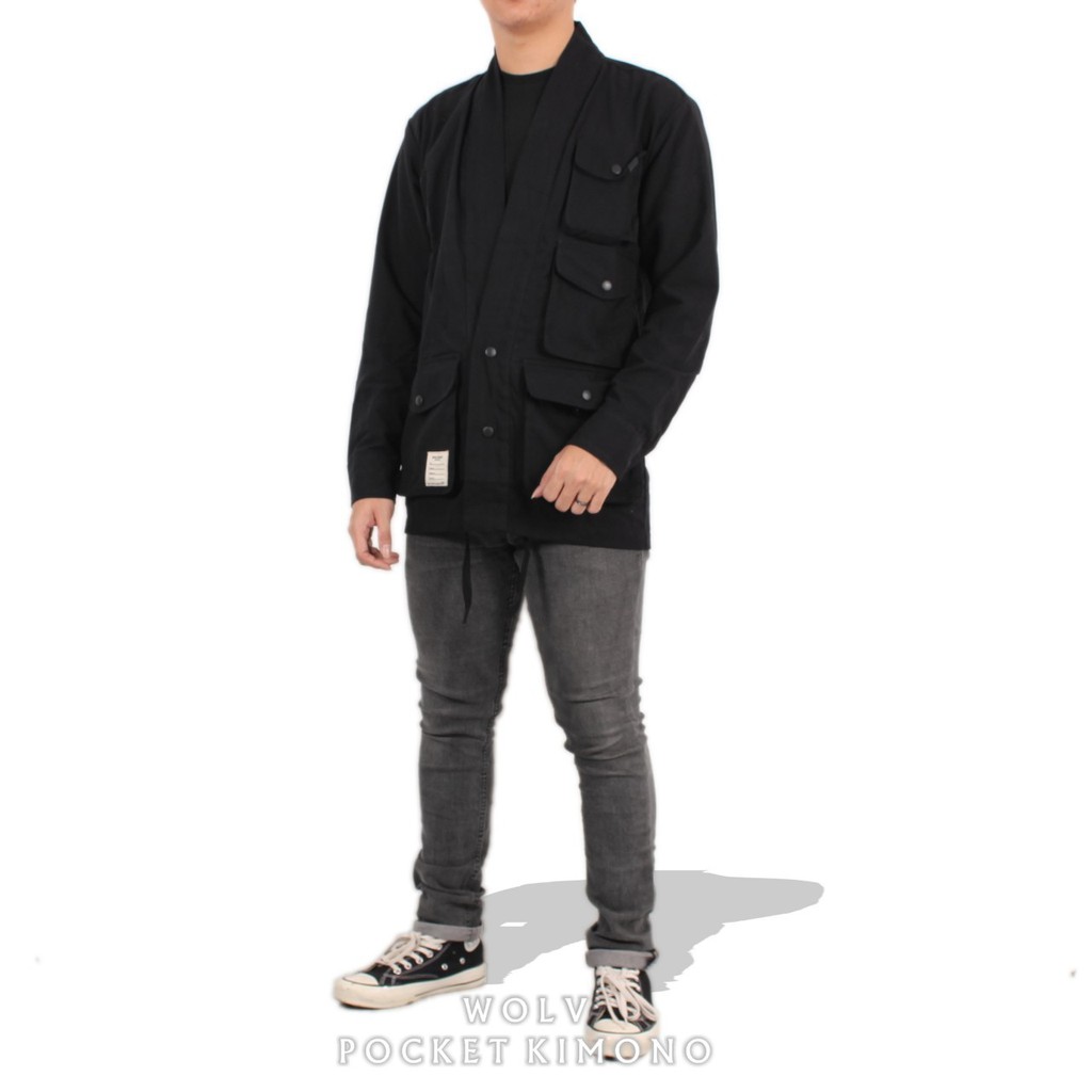 WOLV ORIGINAL KIMONO KEMEJA POCKET Pakaian pria canvas kemeja kimono warna HITAM seri art KMS301