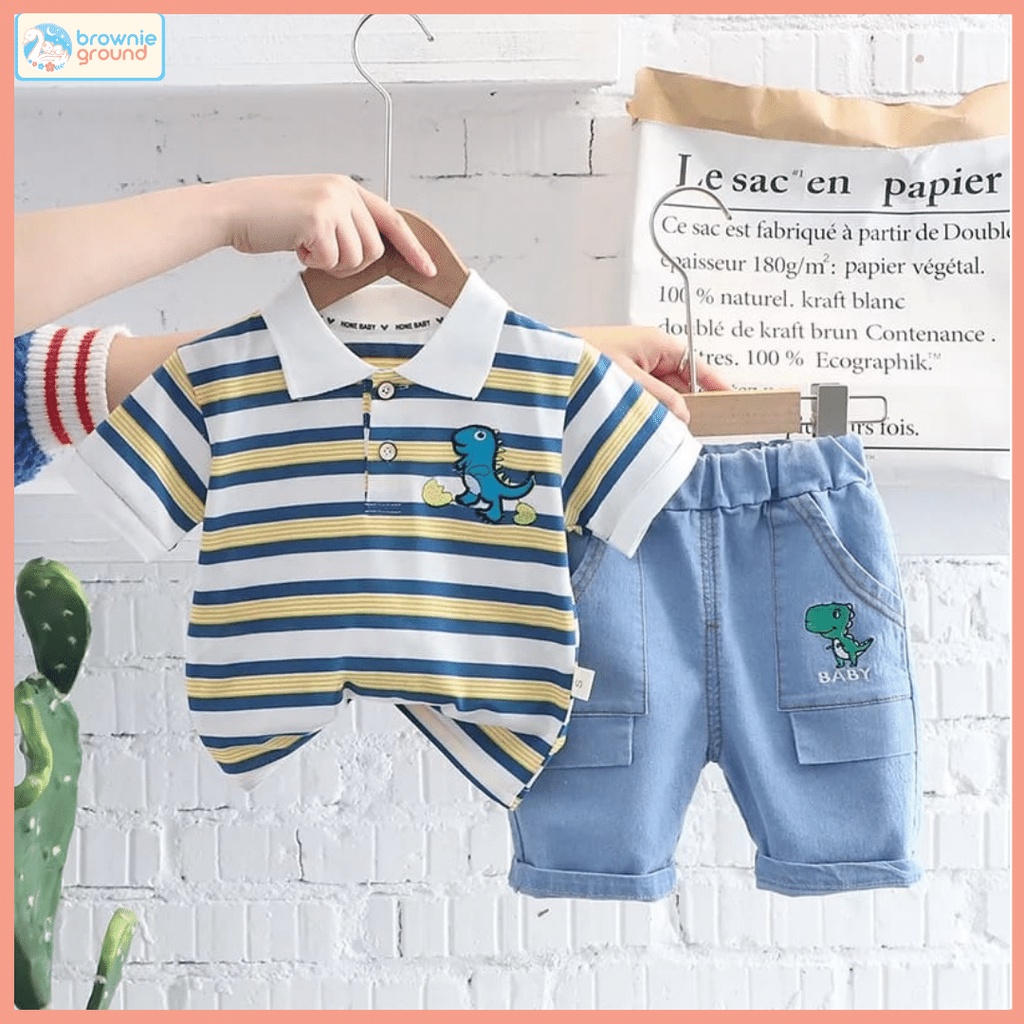 SETELAN ANAK LUCU MOTIF MINI DINO SALUR Usia 0-5 Tahun / Pakaian bayi lengan pendek Import