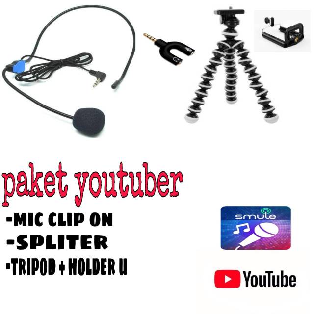 PAKET REKAM VLOG TRIPOD GORILLAPOD BESAR L/GORILA POD FLEXIBLE/MIC CLIP ON BANDO/AUDIO SPLITER