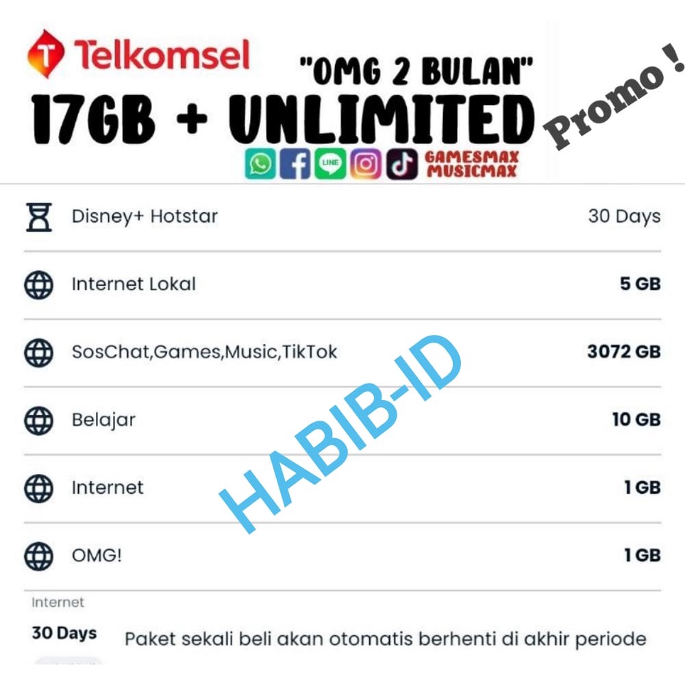 TEMBAK PAKET OMG 2 BULAN || TELKOMSEL 17GB + UNLIMITED FUP 3072GB (SOSCHAT,GAMES,MUSIC,TIKTOK)