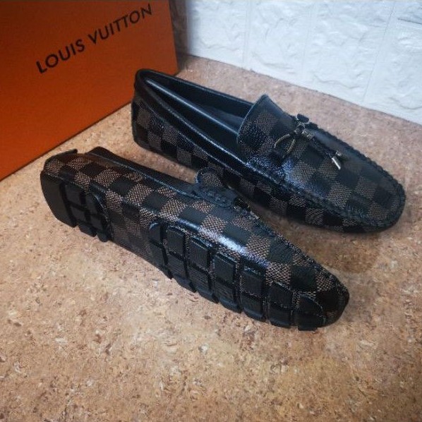 SEPATU LV MIRROR LOAFER PRIA MOTIF KOTAK KOTAK