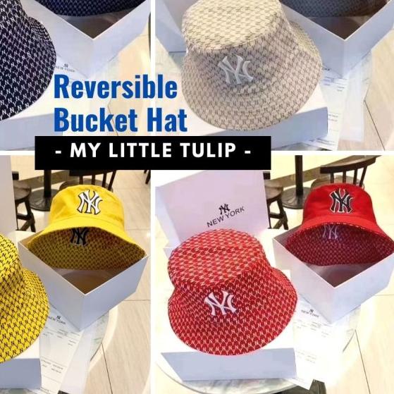 ◘ Bucket Hat Wanita Pria / Topi Bolak Balik Import / Topi MLB NY Yankees - Pink ♥