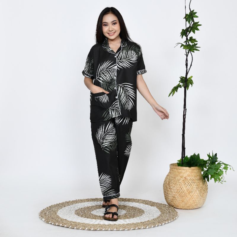 Baju Tidur Piyama Wanita Dewasa Motif Big Coco Daun CP Lengan Pendek Celana Panjang Kekinian