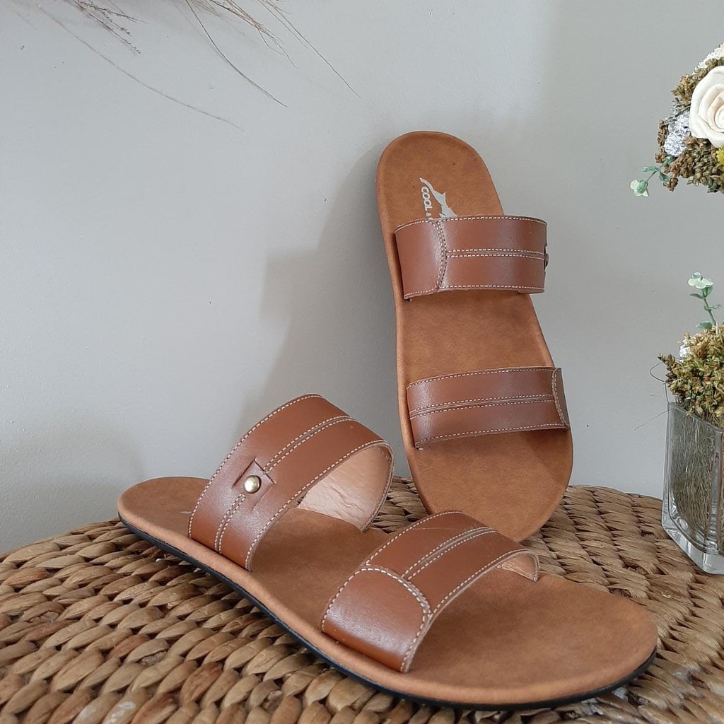 SANDAL PRIA SLIDE KULIT ASLI WARNA HITAM COKLAT TAN