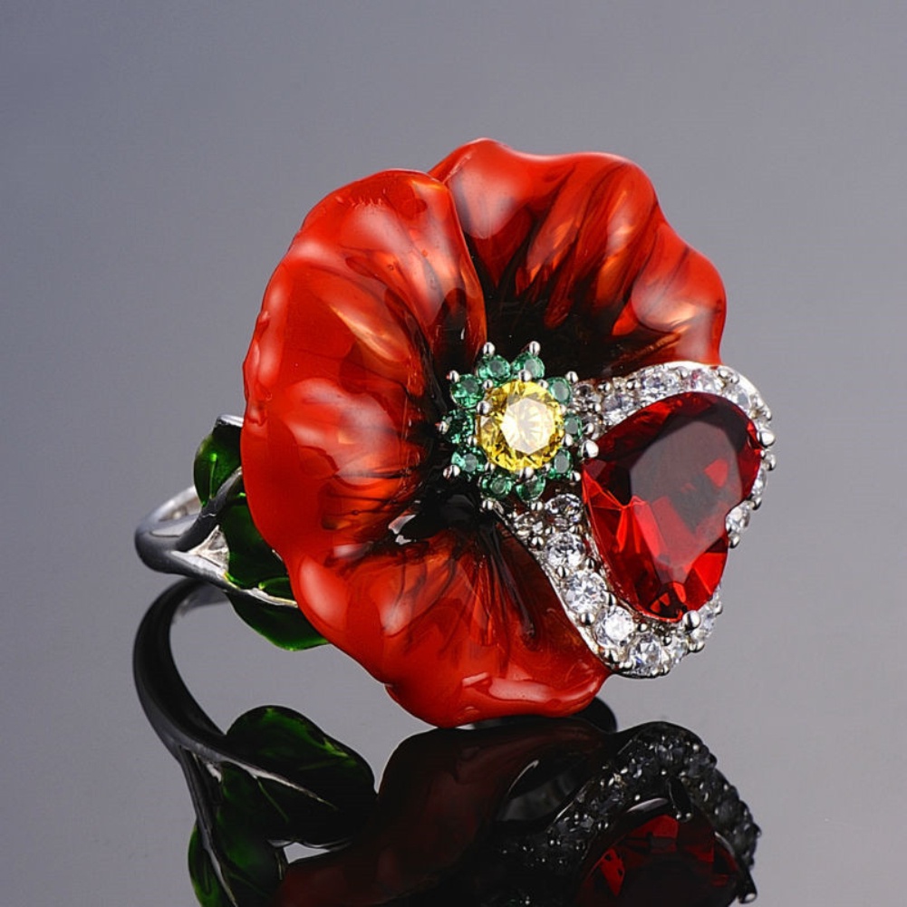 Hu Hu Hu Hu Hu Alat Bantu Pasang Kacamata♡ Set Kalung Anting Cincin Liontin Bunga Ruby Imitasi Bentuk Hati Untuk Wanita