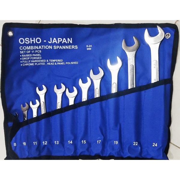Kunci Ring Pas Kombinasi Set 11 Pcs 8-24 mm Asli OSHO JAPAN Combination Wrench Spanner Kit Size 8 10 11 12 13 14 15 17 19 22 24mm Bengkel Buka Pasang Baut Skrup Mur Tukang Kendaraan Mobil Sepeda Motor ORIGINAL-1